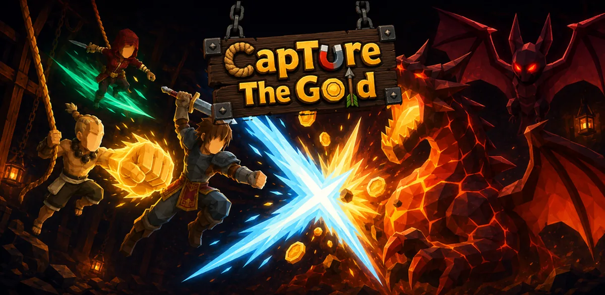 CapTure The Gold key art: heroes fighting in a lantern-lit gold mine beneath a hanging wooden sign