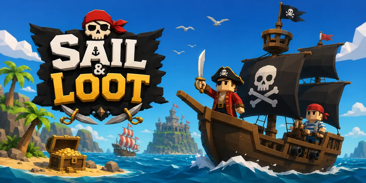 Sail & Loot key art: a pirate ship with a skull sail beside a treasure-strewn island
